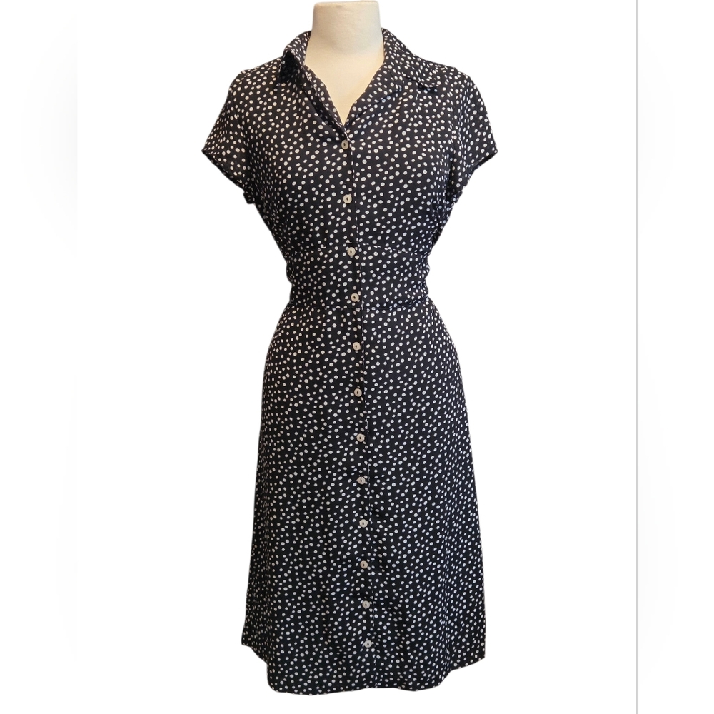 Amanda Lane Button Up Black and White Polka Dot Midi Dress With Cap Sleeves